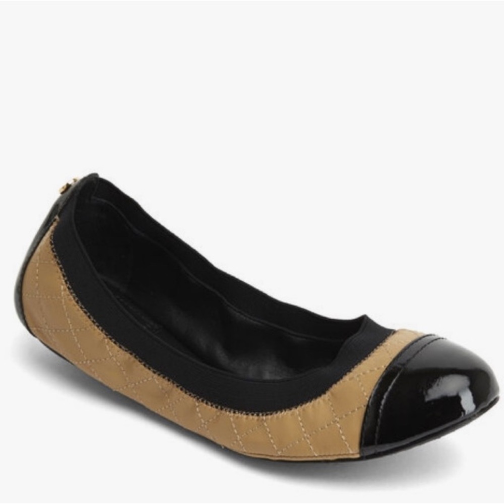 Tory Burch Black and Tan Quilted Flats